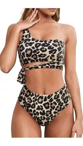 Größe 6-8 | OMKAGI hochtailliert hoch geschnitten einschulteriges Bikini-Set | Leopard | OM02 - Bild 1 von 3