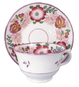 Pink Luster Cup & Saucer Red Gold Flowers Vines Soft Paste Antique #6 - Picture 1 of 9