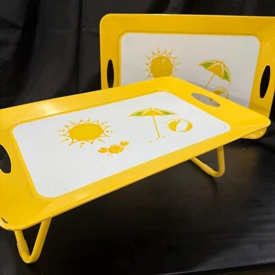 Two Matching Yellow TV Trays w/Build-in 7” Stands  Beach Ball Sun Umbrella Crab - Image 1 of 4