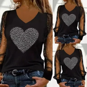 Women Heart Print V Neck Tunic Tops Ladies Mesh Long Sleeve Party T Shirt Blouse - Picture 1 of 6