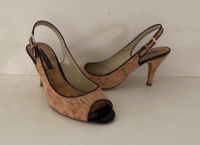 Bandolino Art Deco Corcho y Negro Borde Peep Toe Tacones Cordones/Talla 8/¡USADOS EN EXCELENTE ESTADO! Foto 1 de 4