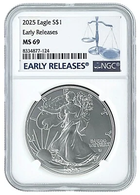 American Eagle 2025 1 oz plata NGC MS69 lanzamientos tempranos - etiqueta azul Foto 1 de 2