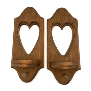 Set of Vintage Wooden Heart Wall Sconce Candle Holders Country Farmhouse - Picture 1 of 5