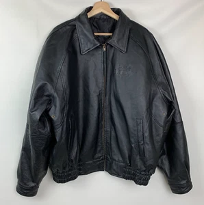 Burk's Bay Bomber Jacket Black Leather Collared Zip Pockets Logo Lined Size XL - Picture 1 of 14