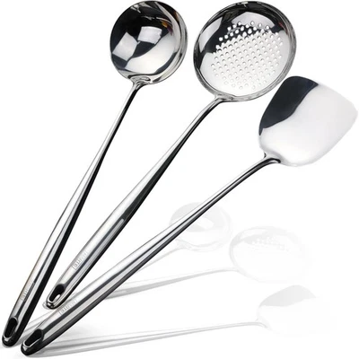 Wok Spatula and Ladle,Skimmer Slotted Spoon Set - Mirror Polished Asian Wok C... - Image 1 of 4