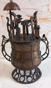 Vintage African Ghana Art Bronze Ashanti Kuduo Lidded Vessel With Figural Scenes - Picture 1 of 12