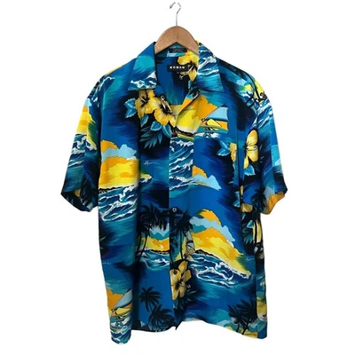 Camisa Koman De Colección Para Hombres Azul Hawaiano Amarillo Floral Tropical Colorida Vacaciones M Foto 1 de 4