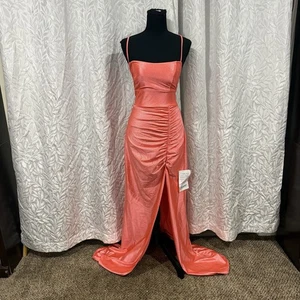 Coral Orange Pink Formal Dress Size Large Corset Prom Adjustable Sparkly Slit - Picture 1 of 22