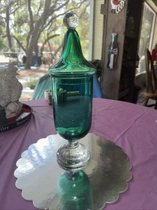 Vintage Green Glass Controlled Bubble Footed Apothecary Candy Dish with Lid - Picture 1 of 9