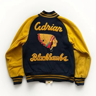 VTG 50s Adrian Blackhawks Letterman Varsity Jacket Indian Chief Sz 40 Black Gold - Image 1 of 4