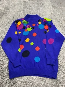 Vtg IB Diffusion Sweater Women 1X Royal Blue Polka Dot Ribbed Mock Neck Pullover - Picture 1 of 8