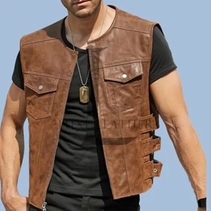 Men's Brown Leather Vest Genuine Lambskin Leather Vest Classic Style Vest - Picture 1 of 7