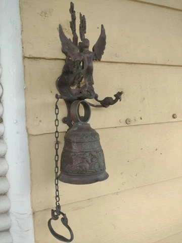 Large Victorian ~ Bronze Doorbell / Garden Gate Antique Patina / Latin Script Cover