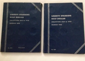 Lotto di 2 cartelle Whitman 1916-1947#1 e 2 vuote Liberty mezzo dollaro in piedi - Foto 1 di 3