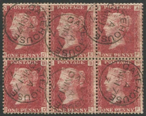 1d SG 43, Pl.157 BLOQUE DE SEIS BRILLANTES USADOS, cada uno nítido 'Gatehouse.1877' CD... - Imagen 1 de 1