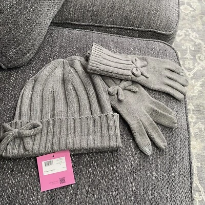 KATE SPADE NEW YORK 2-Piece Bow Gloves+Beanie Gift Set Heather Grey One Size~NWT - Image 1 of 4