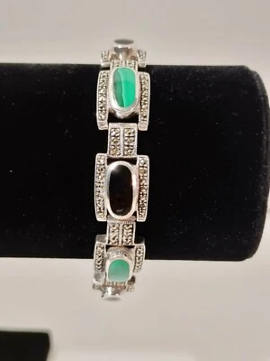 Sterling Silver Malachite Onyx Marcasite Bracelet TH CPT signed - Image 1 of 4