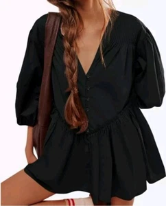 NEW Tankaneo Womens Oversized Tunic Top Babydoll Button Down Dress Deep V Neck - Picture 1 of 8