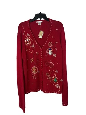 Новый с Ярлыками винтажный ориентир точка Рождественский свитер Sz L вышитый бисером Санта - Изображение 1 из 4