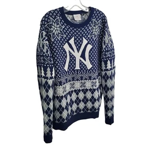 NY Yankees Size L Sweater Argyle Ugly Christmas Poinsettias Reindeer Candy Canes - Picture 1 of 12