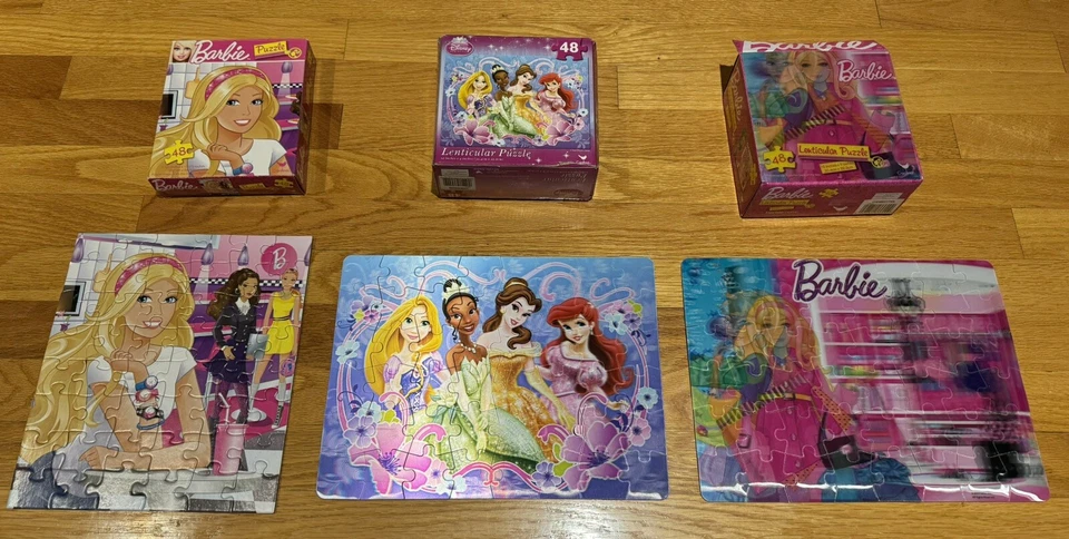 Lot Of 3 Lenticular Puzzles 2 Barbie & Disney Princess 48 Piece 12" x 9" - Image 1 of 4