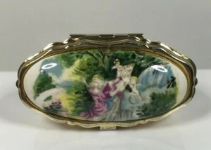 Vintage Man & Woman Kissing w/ Cherubs Waterfall Scene Gold Tone Pill Box- Japan - Picture 1 of 10