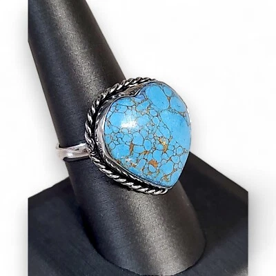 Lady's Gold Vein 蓝色绿松石心形戒指 925 纯银 8.5 码 — 第 1/4 张图片