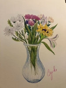 colored pencil original drawing flowers SUNFLOWER AND CHRYSANTHYMUM - Bild 1 von 3