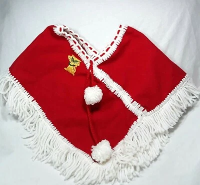 Girls Christmas Red Poncho Pom Poms MCM style Cat Applique Fringe Vtg Holidays - Image 1 of 4