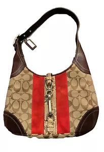 COACH PYTHON Signature STP MED HOBO Purse RED Stipe Suede Trim E0528- K24 - Picture 1 of 11