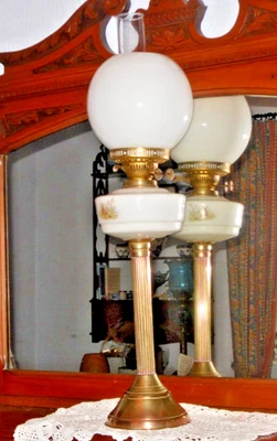 SUPERB 27" TALL ANTIQUE DBL WICK OIL LAMP MILK GLASS FONT BRASS COLUMN WORKING - Image 1 of 4