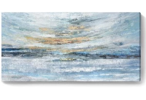 Abstract Wall Art Blue Canvas Print Coastal Theme Ocean Painting Modern 48x24 - Picture 1 of 7