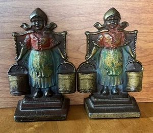 Pair Art Colony Industries Cast Iron Milk Maid Bookends HEAVY Painted Circa 1928 - Picture 1 of 12