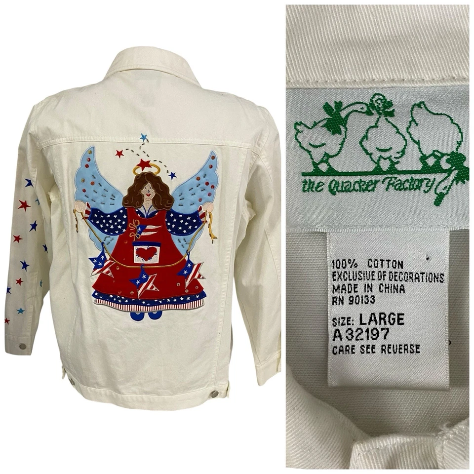 Quacker Factory Jacket Womens Sz Large Patriotic Angel Folk Art Americana Cotton - Image 1 of 4