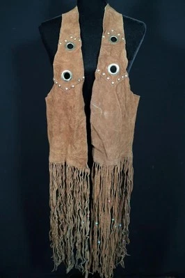 Классический винтажный хиппи 1970-х коричневый замшевый кожаный жилет унисекс 22» бахрома - Изображение 1 из 4