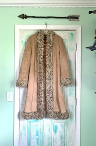 Vintage Taunt Brown Suede Faux Fur Trim Penny Lane Hooded Coat Size Medium - Picture 1 of 14