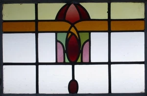 ABSTRACT MIDSIZE OLD ENGLISH LEADED STAINED GLASS WINDOW 25" X 17.75" - Imagen 1 de 3