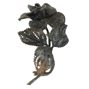 Vintage Black Rose Cannetill Flower Brooch Filigree Pin Turn Clasp 2 Inches Long - Picture 1 of 6