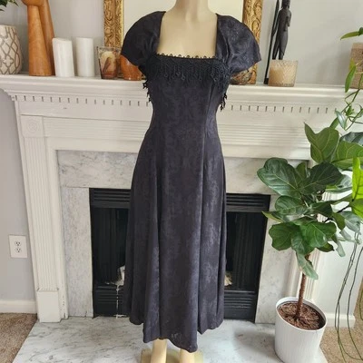 Vintage 80s Black Brocade Dress Maxi Lace Whimsigoth Gothic Witchy Size 14 - Image 1 of 4