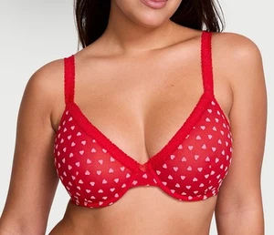 Victoria's Secret Tease Hearts Unlined Demi Bra Red White Size 38 C UnderWired - Picture 1 of 5