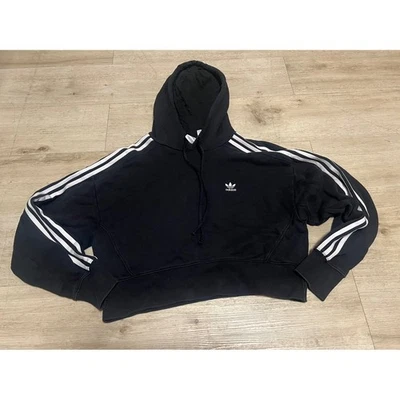 Sudadera con capucha corta para mujer Adidas negra 3 rayas pulóver talla pequeña Foto 1 de 4