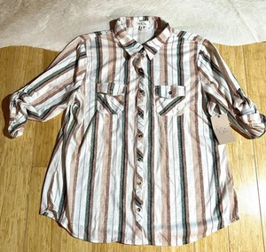 Eden & Olivia Blouse Womens XL Brown White Stripe Pockets Long Sleeve Button Up - Picture 1 of 4