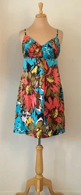 Vestido sin Mangas Beth Bowley Talla 10 Vibrante Floral Turquesa/Coral Seda Foto 1 de 4