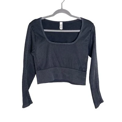 Top para mujer Aerie XL acera sin costuras acanalado manga larga corto negro Foto 1 de 4