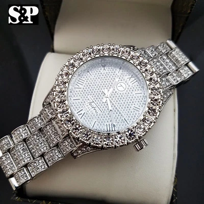 Men Hip Hop Iced Bling White Gold PT Rapper's Lab Diamond Bust Down Metal Watch - Image 1 of 4