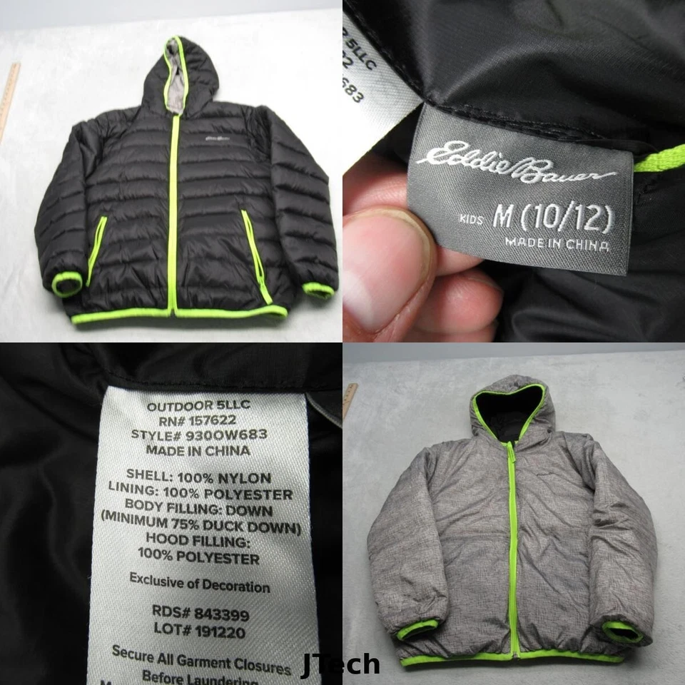 Eddie Bauer Down Jacket Youth Medium Hooded Black Gray Hooded Reversible Puffer - Image 1 of 4