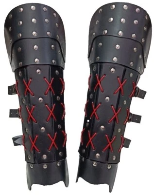 Black Leather Greaves Samurai Leg Greaves fantasy Knight Viking Greaves Armor - Image 1 of 4