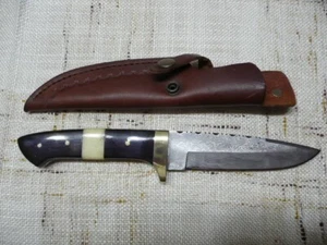 Jagdmesser-Damaststahl-Griffschalen aus Knochen + Büffelhorn-Gürtellederscheide - Bild 1 von 10