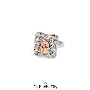 Alp Sagna 14K White Rose Gold Art Deco Skull Ring Diamonds Rubies