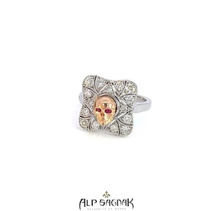 Anillo Calavera Alp Sagna Oro Rosa Blanco 14K Art Deco Diamantes Rubíes - Imagen 1 de 8